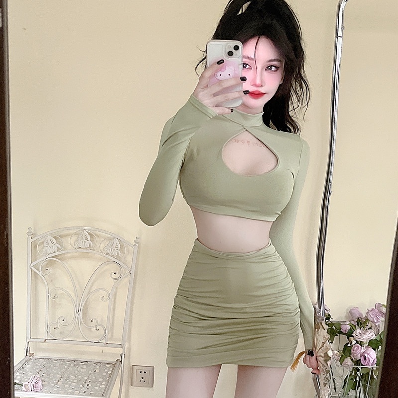 Áo Lửng Tay Dài Dáng Ôm + Chân Váy Phong Cách Hip Hop Thời Trang Quyến Rũ Cho Nữ