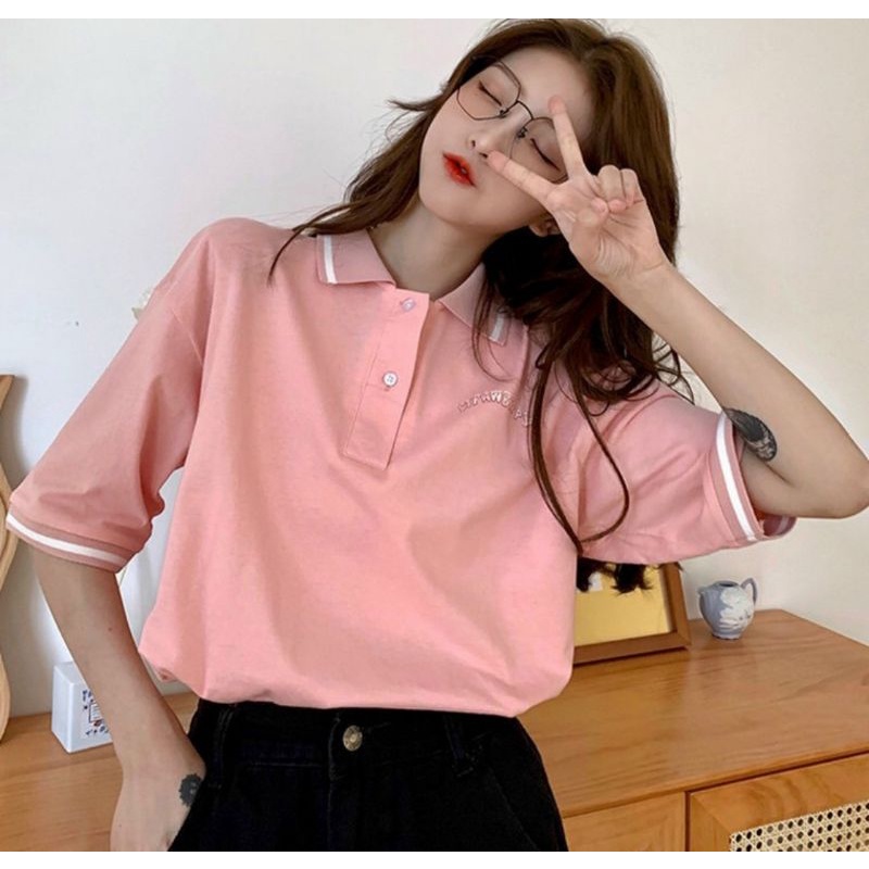 áo polo form rộng tay lỡ thỏ hồng