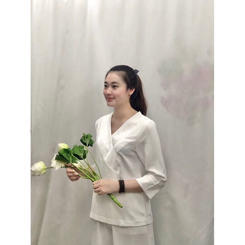 Bộ lam đi chùa cho nữ "Linen Phối Gấm"