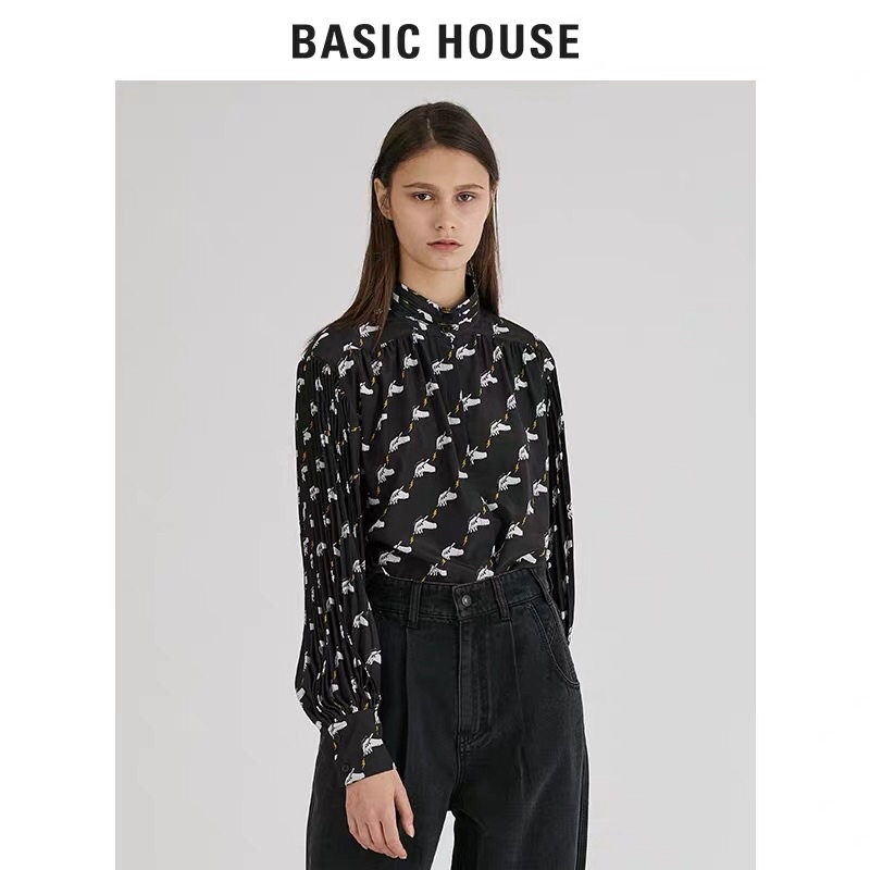 Áo sơ mi lụa hoạ tiết Basic House