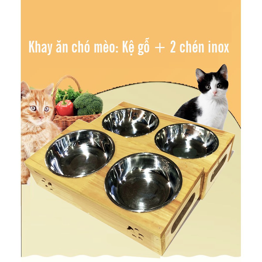 Hanpet.GV- Khay ăn chó mèo băng gỗ siêu cứng chống nước + 2 chén inox (3 size) Khay kèm bát ăn uống cho chó mèo