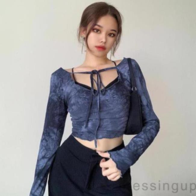 MH88 Áo Nữ Dài Tay Cổ Tròn Màu Xanh Dương Kiểu Màu Nhuộm Cá Tính  HP1102 | BigBuy360 - bigbuy360.vn