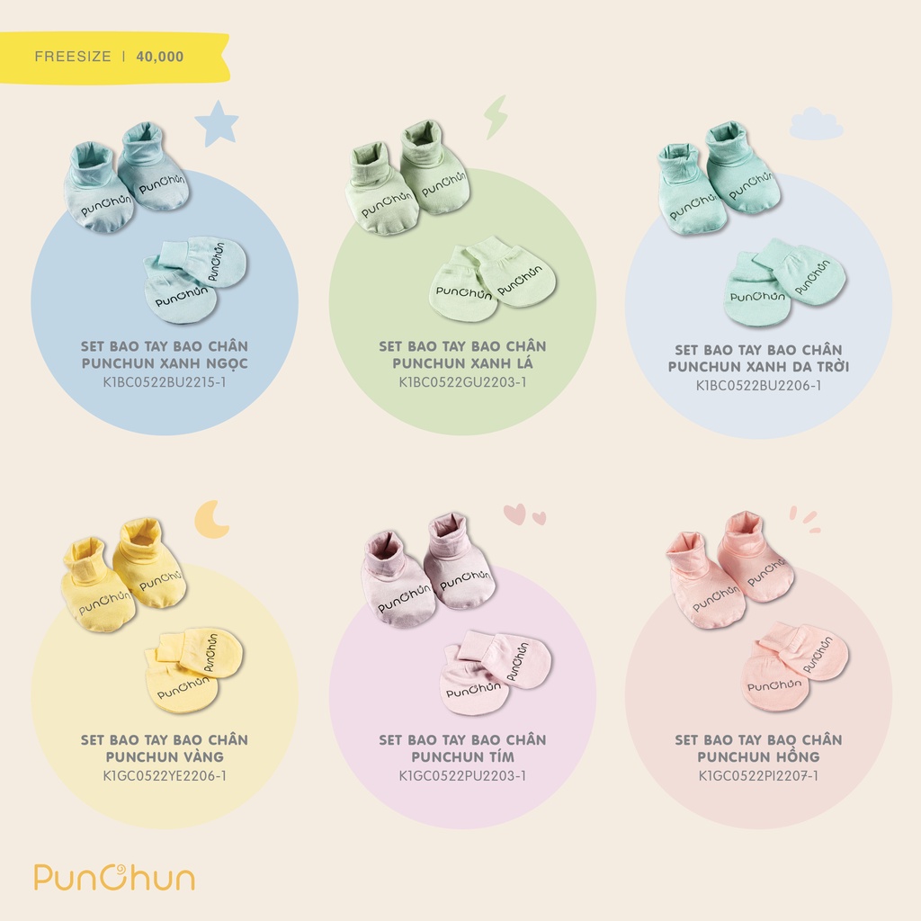 Set bao tay bao chân cho bé Punchun 6 màu đáng yêu