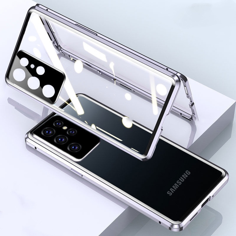 Ốp Điện Thoại Kính Cường Lực Hai Mặt Nắp Lật Khung Kim Loại Hít Nam Châm 360 Độ Cho Samsung Galaxy S22 S21 Plus S22 S21 Note 20 Ultra° Ốp Lưng Cứng Bảo Vệ