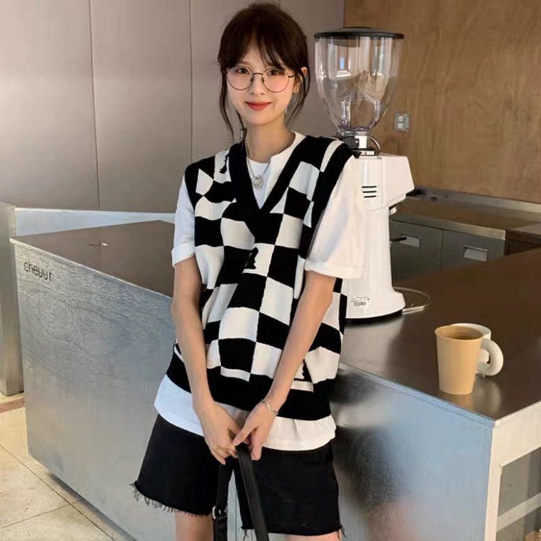 Gile Len Nữ GUMAX Ullzang, Áo Gile Len Caro Cổ Chữ V Hàng Quảng Châu Thời Trang Cao Cấp