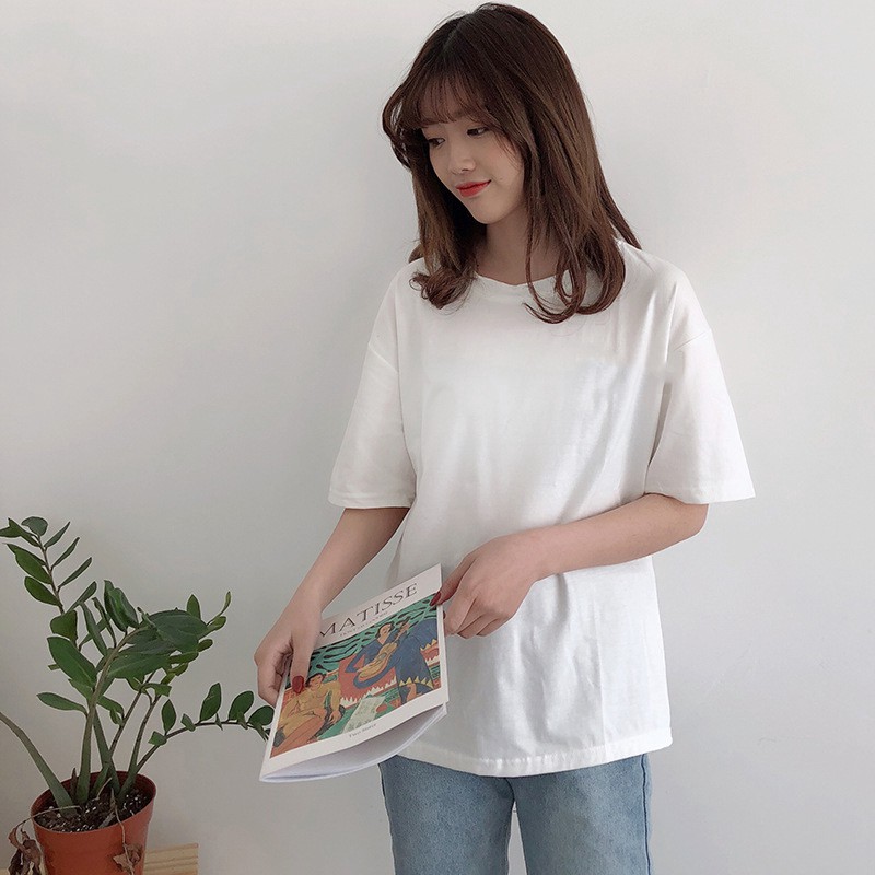 Áo Thun Cổ Tròn Dáng Rộng Màu Trơn Phong Cách Hàn Quốc
