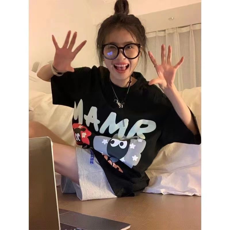 Áo Thun Cotton Ngắn Tay Dáng Rộng In Họa Tiết Hoạt Hình Theo Phong Cách Retro Mỹ Dành Cho Nữ