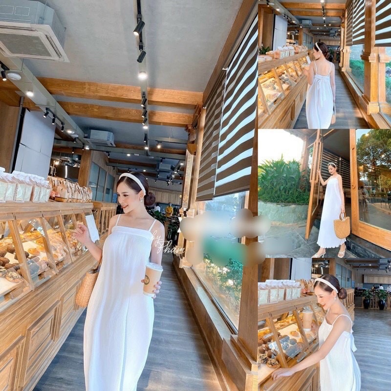 Đầm dập ly 2 dây cột nơ sau lưng dáng suông _hình thật.