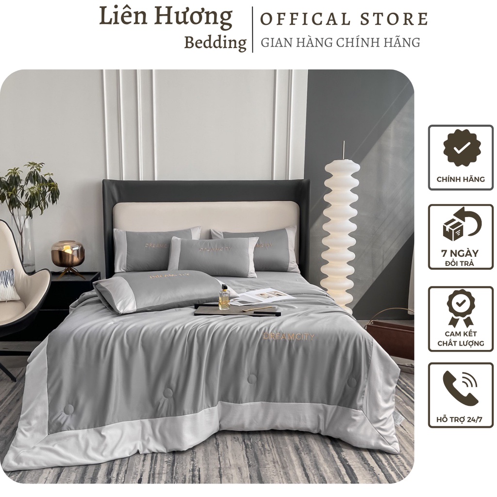 Bộ chăn ga gối lụa 𝐃𝐑𝐄𝐀𝐌 𝐂𝐈𝐓𝐘 nhập khẩu-chất liệu phi lụa mềm mịn mát, chăn trần hè, miễn phí may ga theo yêu cầu
