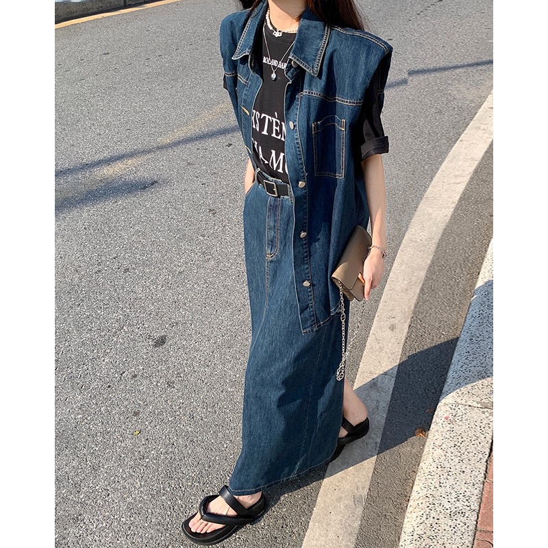 Áo khoác denim sát nách/ Chân váy denim xẻ tà Peppermint 53642 phong cách Hong Kong cổ điển thời trang mùa hè mới