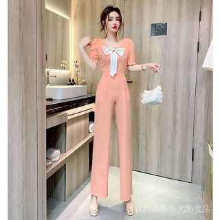 Bộ Áo Liền Quần Hai Dây Dáng Ôm Thắt Nơ Sau Lưng + Quần Ống Rộng Lưng Cao Màu Hồng / Xanh Dương Nhạtáo kiểu hàn quốc mùa hè