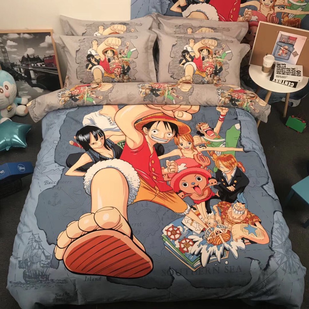 Bộ chăn ga in 3D hình robot Transfromer, One Piece Luffy, Connan, Minion, RoboCar 100% cotton cao cấp