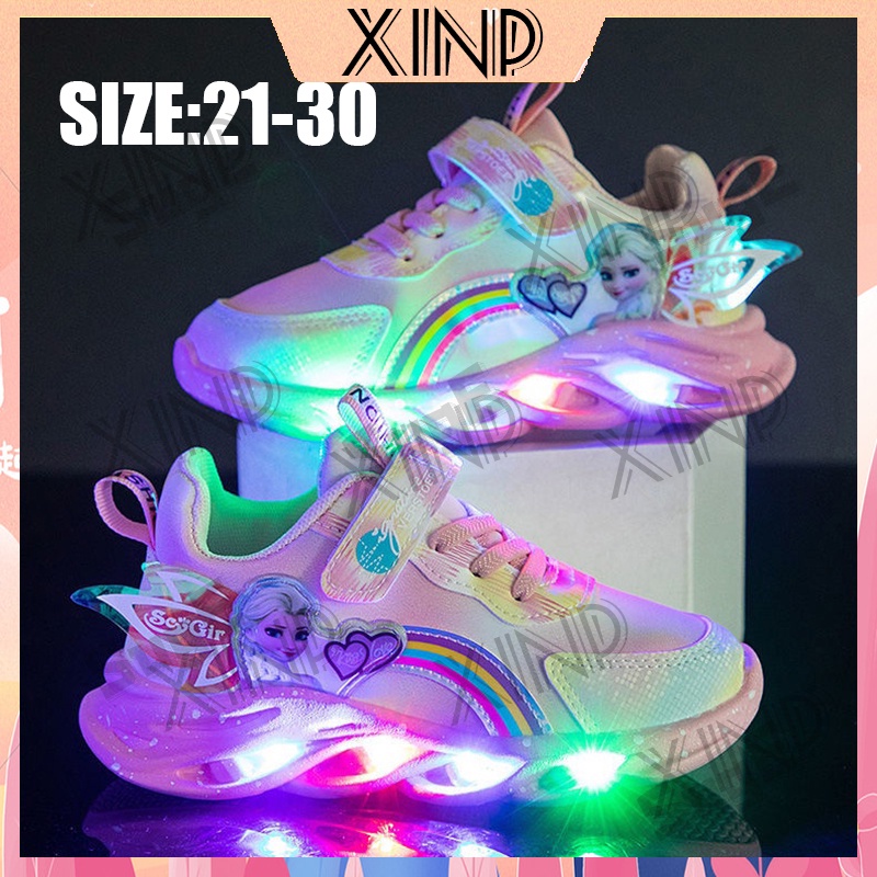 【XinP】Giày Sneaker Đế Mềm Có Đèn Led Màu Hồng In Hình Frozen Elsa Thời Trang Cho Bé Gái
