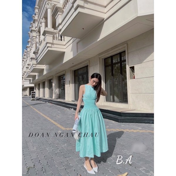 Đầm dáng dài phối dây lưng nhún eo