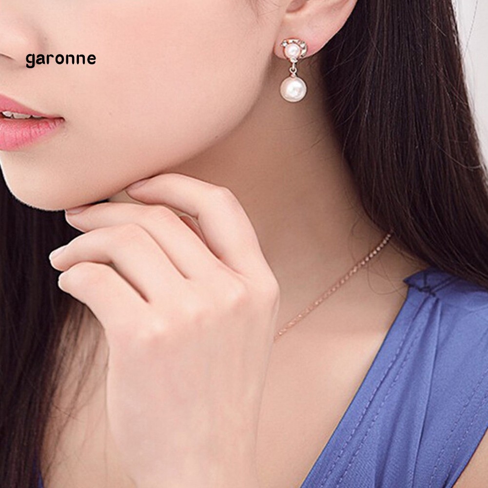 GA_Elegant Princess Shiny Rhinestone Dangle Round Imitation Pearl Stud Earrings