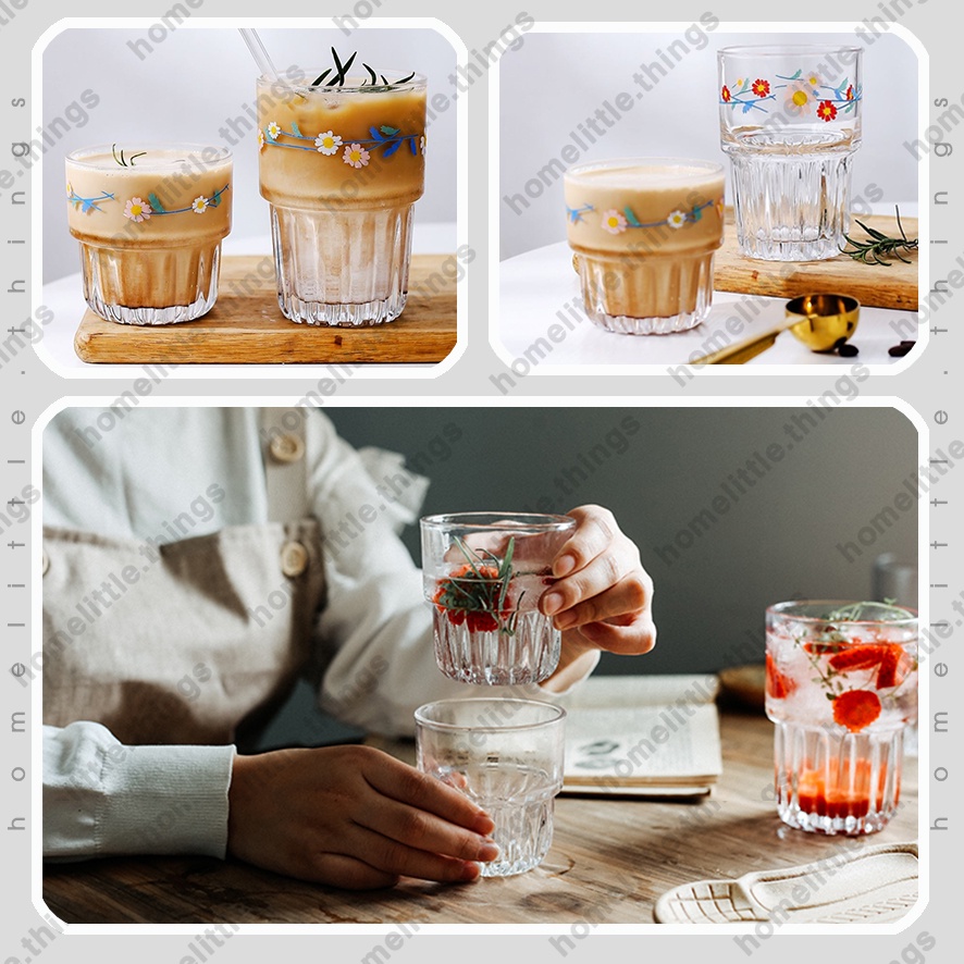 Ly, cốc thủy tinh uống nước, cà phê có đáy vân sọc dọc kiểu Vintage cổ điển