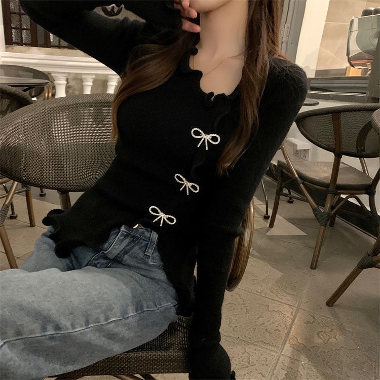 Áo len nữ cổ chữ v phối nơ thời trang