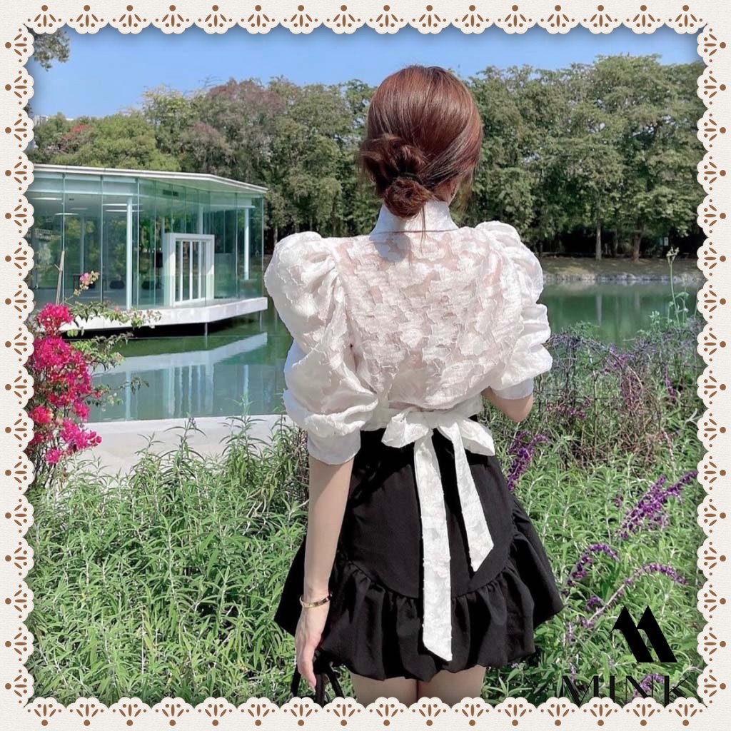 [HÀNG THIẾT KẾ] Set Áo Sơ Mi Ren Nổi Buộc Nơ Eo + Chân Váy Đuôi Cá Đen - Chất Liệu Ren Vân Nổi Cao Cấp