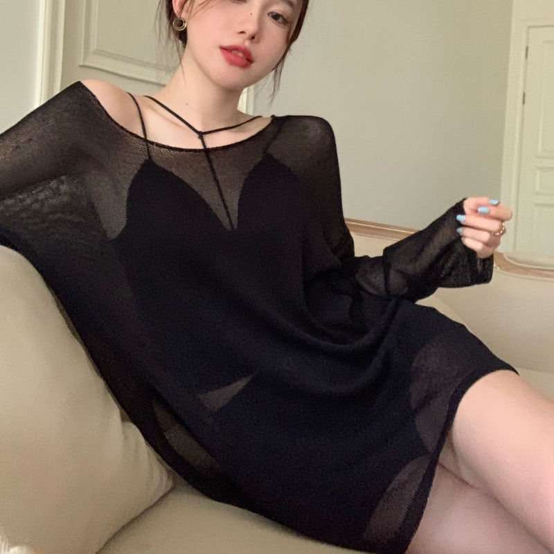 Áo thun IELGY vải mỏng màu đen xuyên thấu dáng rộng chống nắng phong cách Hàn Quốc cho nữ