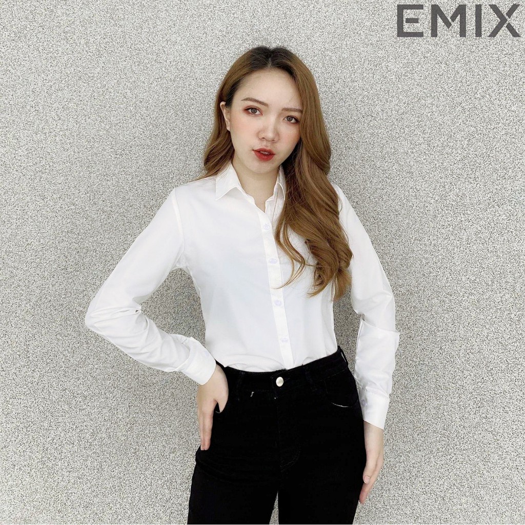 Áo sơ mi nữ công sở EMIX (màu trắng), dài tay, form rộng, cổ sơ mi, chất lụa thô mềm mịn, không nhăn, không lộ a65