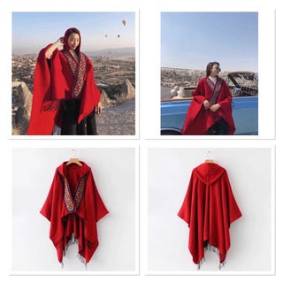 Áo choàng mùa đông dày ấm cho nữ Khăn choàng len quàng cổ thổ cẩm boho chất dày ấm có mũ, không tay áo - Mã M141