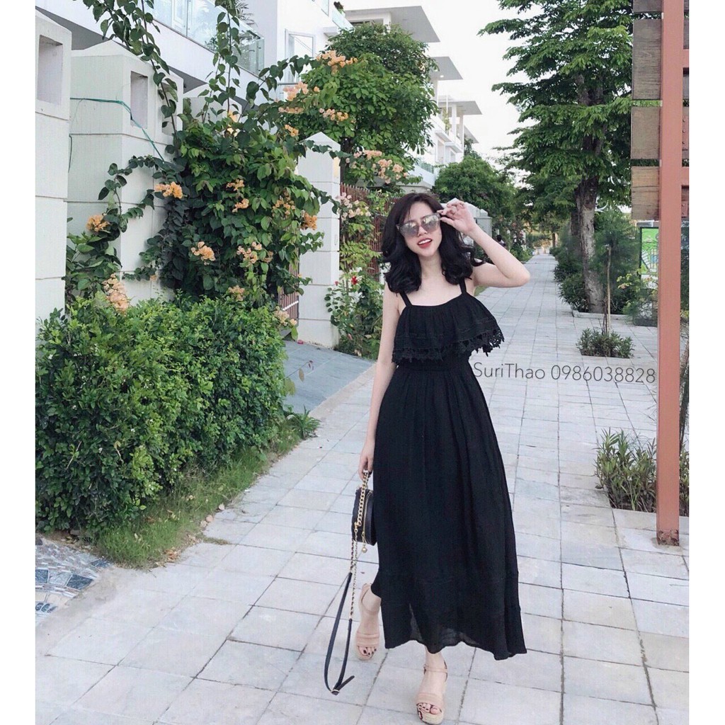 Váy maxi đi biển 2 dây Chất Voan 2 Lớp 2 màu đen trắng