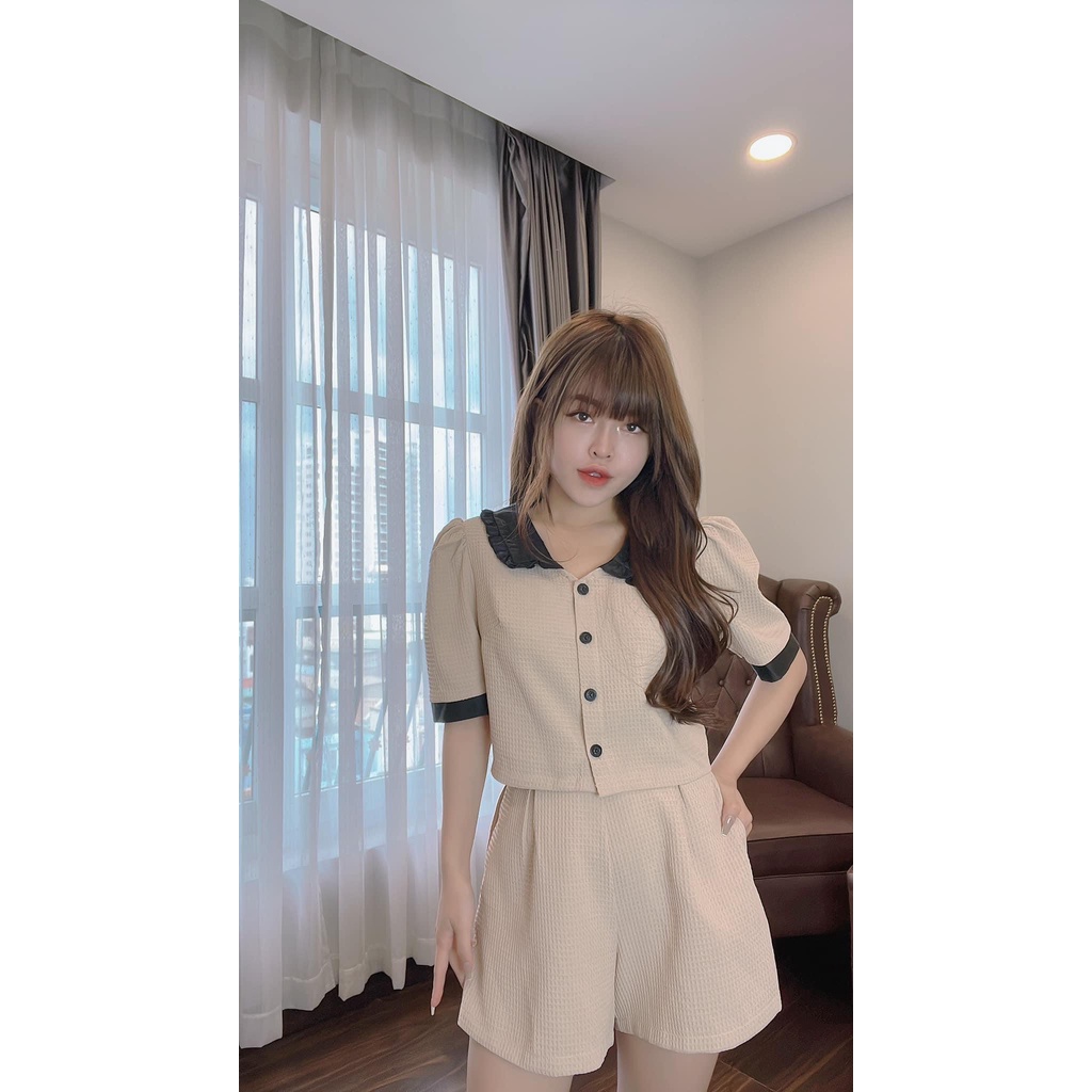 Sét bộ nữ chất dập nổi Quảng Châu Áo  cổ bèo viền  + quần sort so hot -Thời Trang VADA