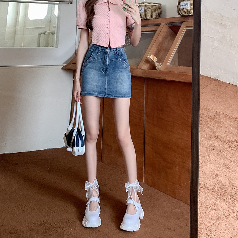 Chân váy denim ZHELIHANGFEI dáng ngắn lưng cao thời trang cho nữ