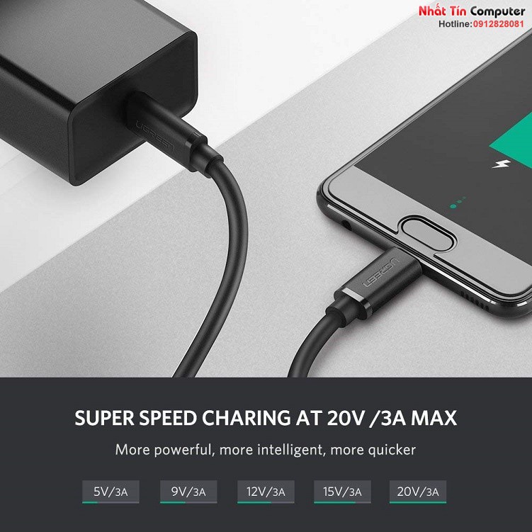 Cáp sạc và truyền dữ liệu USB type-C 2 đầu dương chính hãng Ugreen cao cấp