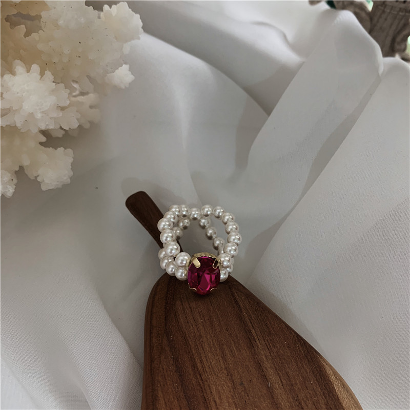 Nhẫn phối hạt ngọc trai đính đá rhinestone nhiều màu hai lớp cho nữ