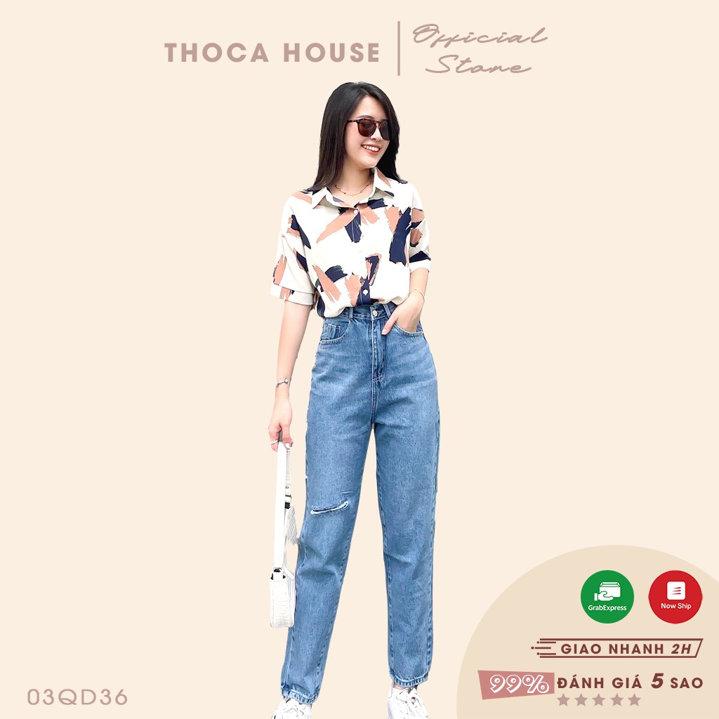 Quần jean nữ baggy lai wax rách gối 371 THOCA HOUSE xanh đậm trẻ trung, hiện đại chuẩn form dày dặn