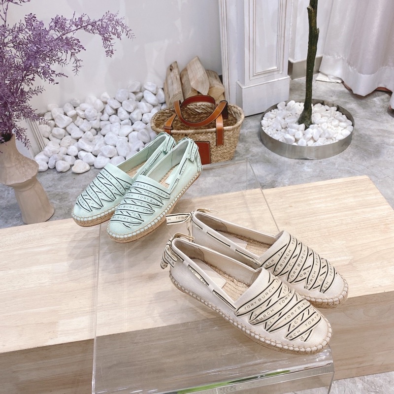 Giày lười vải đế cói cao cấp cho nữ thương hiệu Tory Burch TB thiết kế đan dây in logo thương hiệu