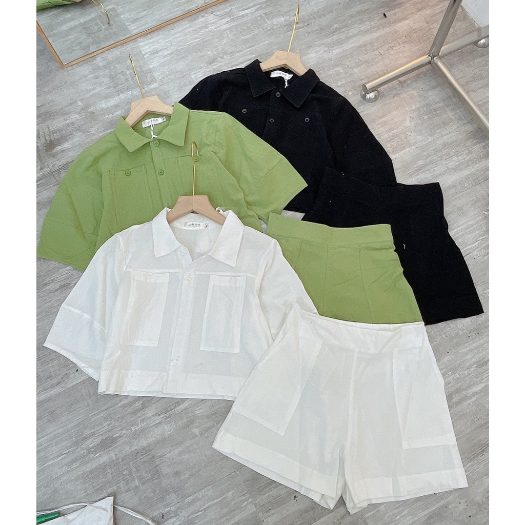 Set áo sơ mi dáng croptop thô đũi linen kèm quần short cạp cao