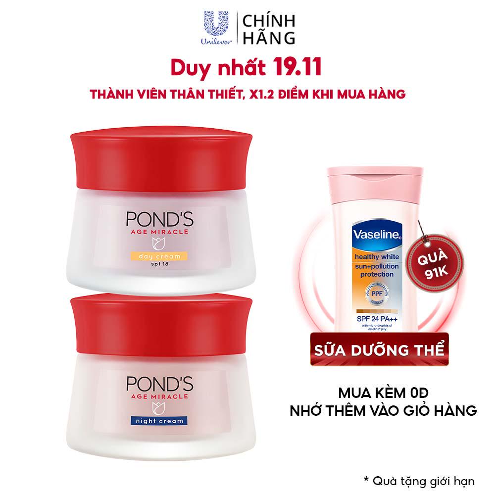 [Mã FMCGMALL -8% đơn 250K] Combo kem dưỡng da Ponds Age Miracle Ngăn ngừa lão hóa Ngày 50g + Đêm 50g