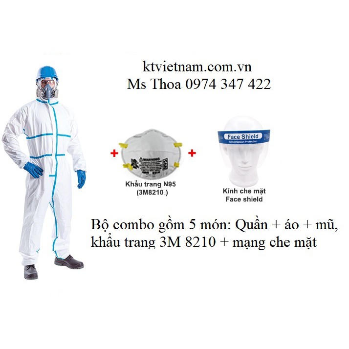 COMBO BỘ QUẦN ÁO BẢO HỘ Y TẾ + MẠNG CHE MẶT + 3m 8210