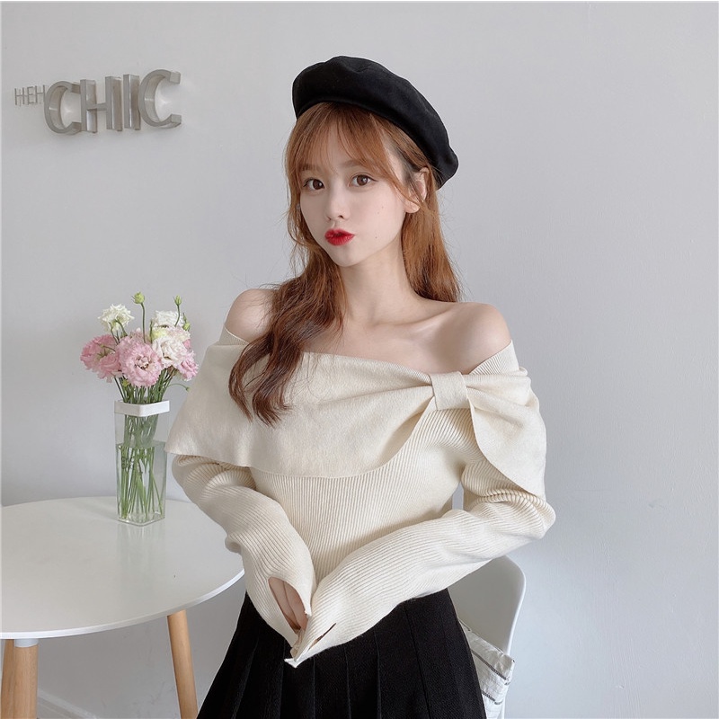 Áo len nơ cổ trễ vai sexy dáng ôm thời trang hàn quốc