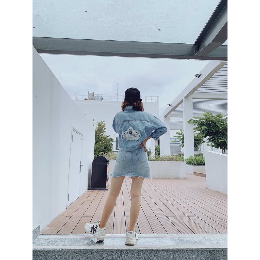 Áo Khoác Jean Áo Khoác Bò Nữ Form Croptop 2 Túi Ngực Mặt Sau Thêu Chữ  Garula FENG dưới 58kg Panda Style