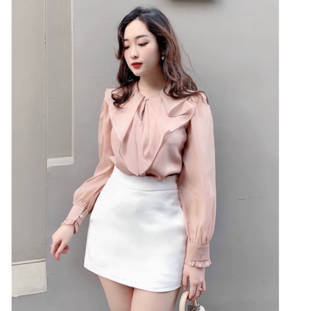 Áo kiểu nữ bèo cổ cúc ngọc chất tơ đẹp 3 mầu
