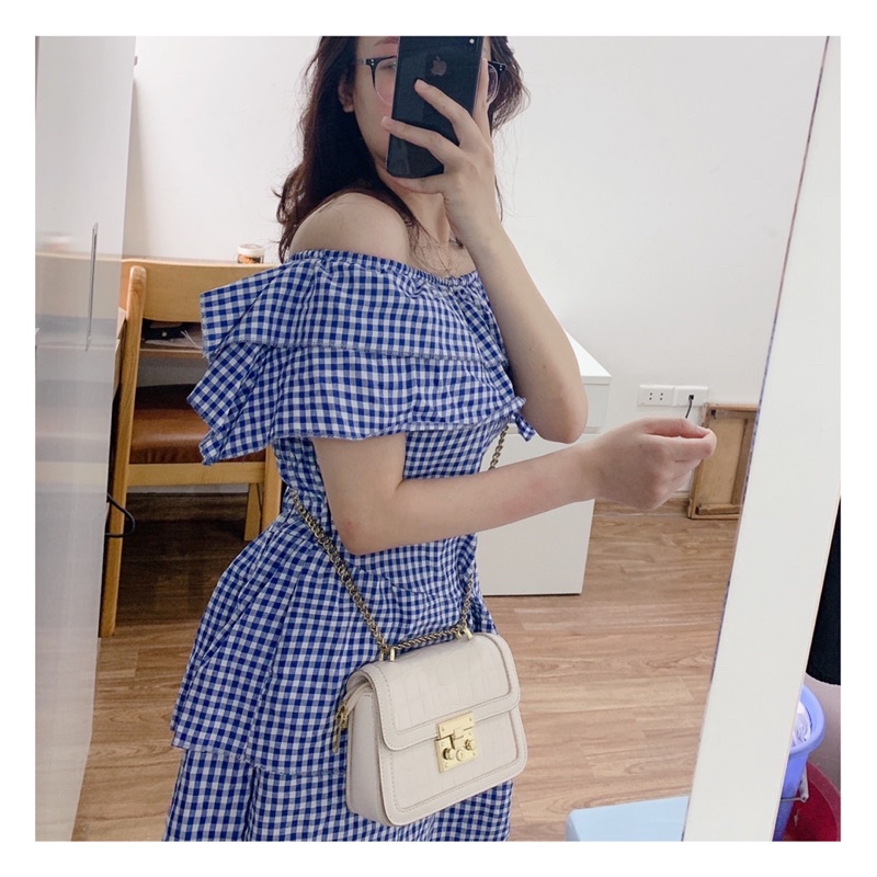 Váy/đầm trễ vai caro xanh ôm body, váy nhúm vai tiểu thư hot hit mùa hè, đi biển | BigBuy360 - bigbuy360.vn