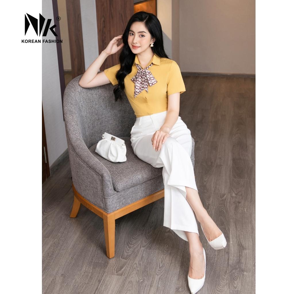 Áo sơ mi nữ cộc tay công sở kiểu dáng basic trơn dáng ôm vải Hàn co giãn - Thời trang thiết kế NK Fashion NKSM2011007