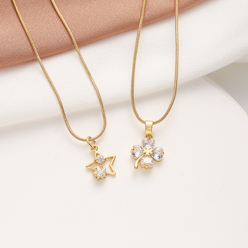 XiaoboACC Vòng Cổ Bằng Thép Không Gỉ Mạ Vàng Hình Cỏ 4 Lá Đính Đá Zircon Thời Trang Không Gây Dị Ứng Cho Nữ - 50cm