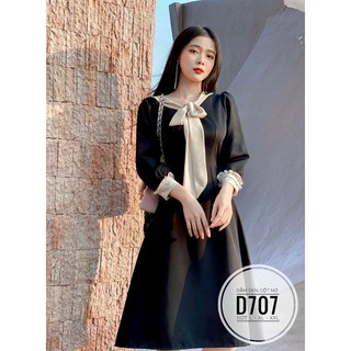 60-90kg [Ảnh thật] Bigsize ĐẦM ĐEN CỘT NƠ D707