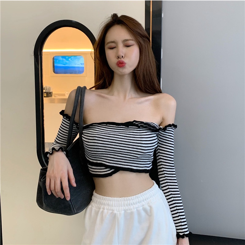 Áo dệt kim trễ vai tay dài thiết kế dây đan chéo quyến rũ COZOK