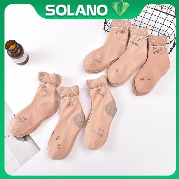 Tất vớ nữ SOLANO tất nữ cổ cao da chân họa tiết hoa co giãn đi giày búp bê, giày thể thao chạy bộ, yoga FAS-001325