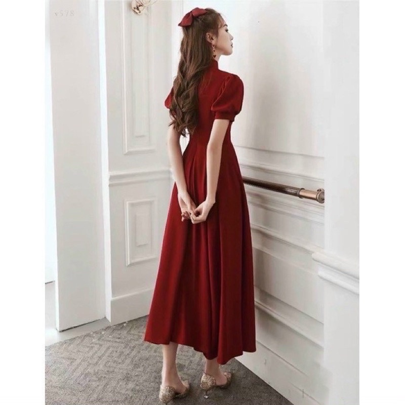 Đầm xoè cổ tàu tay phồng nút bọc phong cách tiểu thư cổ điển