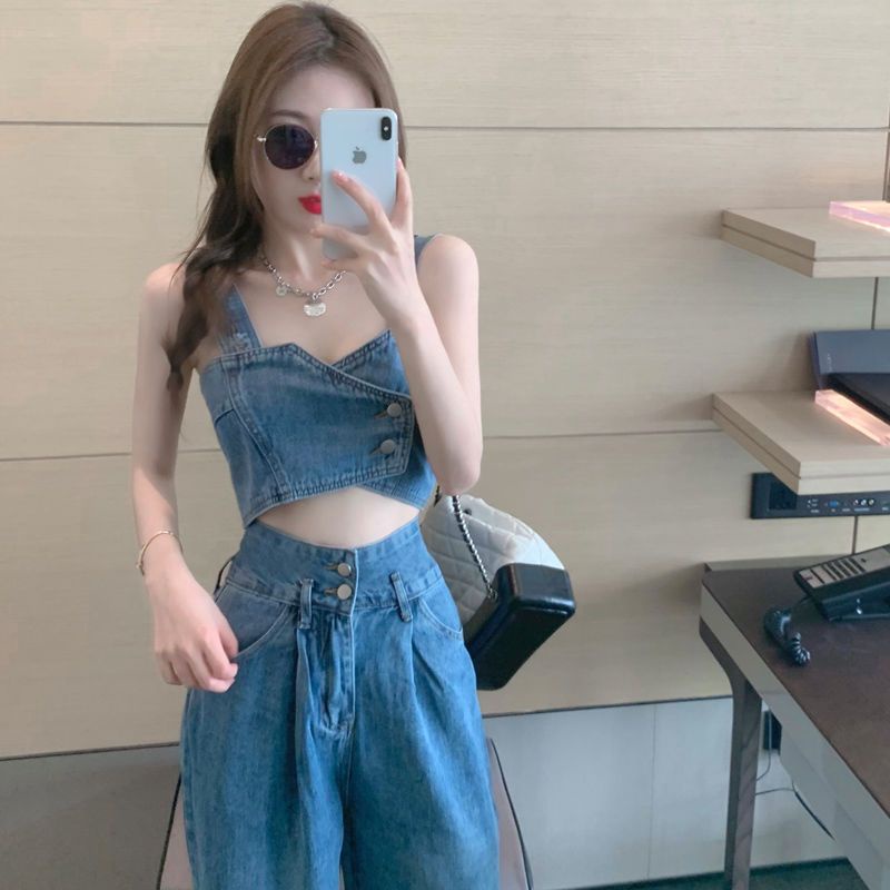 Set áo 2 dây và quần jeans denim thời trang cá tính cho nữ 2024