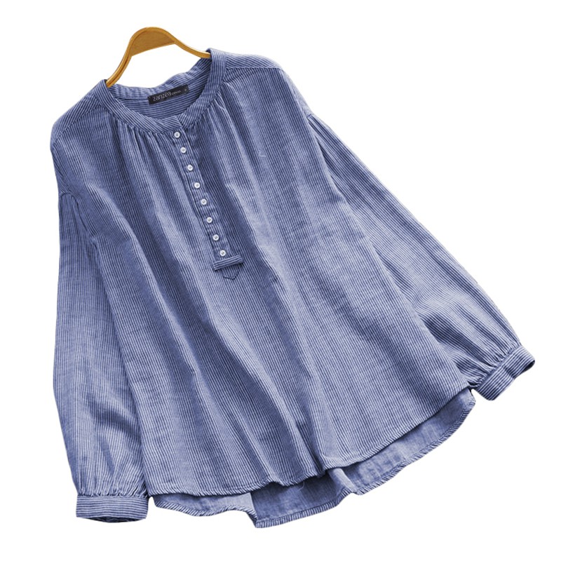 ZANZEA Áo sơ mi bằng vải lanh tay dài dáng rộng phối nút và họa tiết sọc cho phái nữ