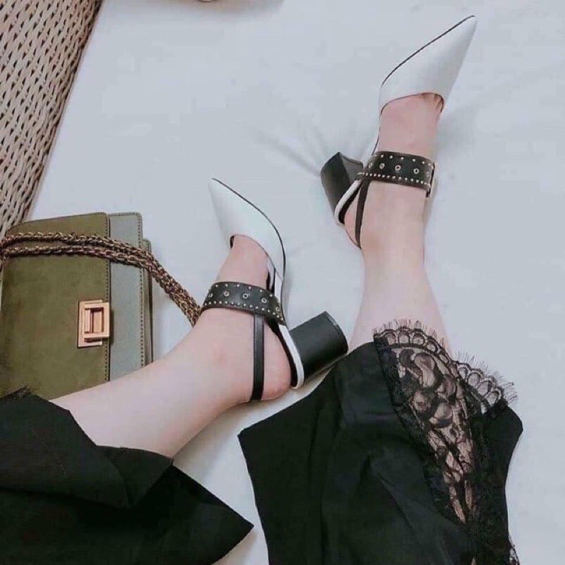 (S145) Sandal nữ cao gót 7 phân bít mũi khuy cài ngang cá tính (Mã TH112 - ĐINH - VNXK)