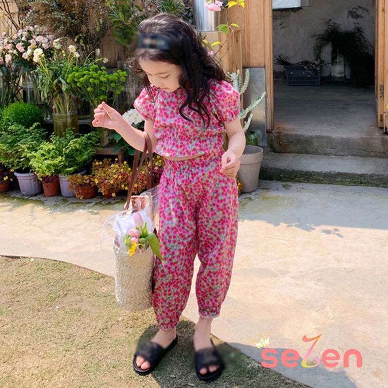 Se7en Set Áo Sơ Mi Tay Ngắn Kẻ Sọc Caro &amp; Quần Dài Cho Bé Gái