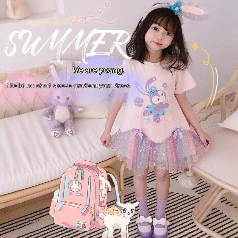 Đầm lưới cotton cổ tròn in hoạt hình phong cách phương Tây cho bé gái